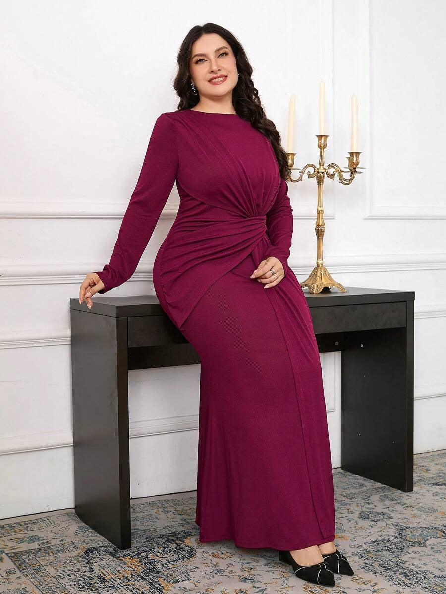 SHEIN Modelyn فستان عنابي طويل الأكمام مجعّد الخصر للمقاسات الكبيرة