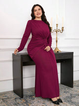 SHEIN Modelyn فستان عنابي طويل الأكمام مجعّد الخصر للمقاسات الكبيرة