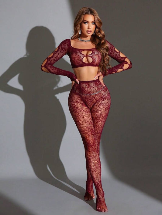 SHEIN طقم لانجري دانتيل شفاف من قطعتين بأكمام طويلة