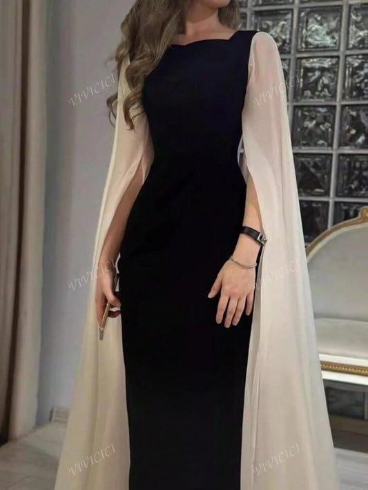 SHEIN فستان ماكسي أنيق بتفاصيل متباينة وياقة مربعة