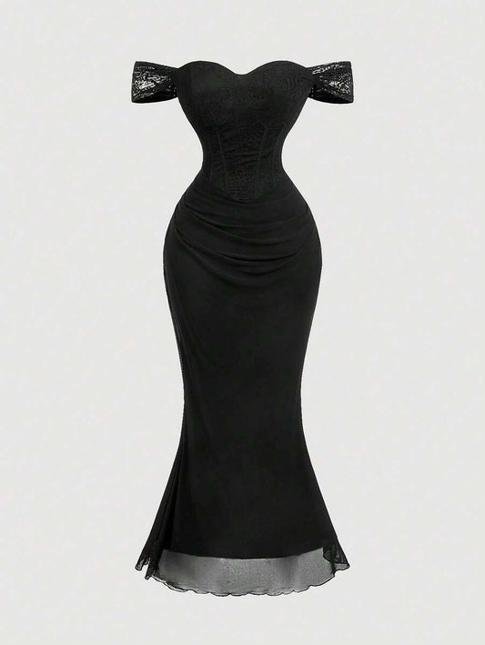 SHEIN MOD فستان أسود طويل دانتيل ناعم