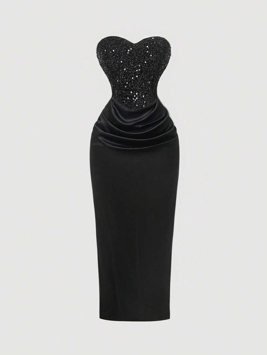 SHEIN MOD فستان سهرة أسود طويل من الترتر اللامع