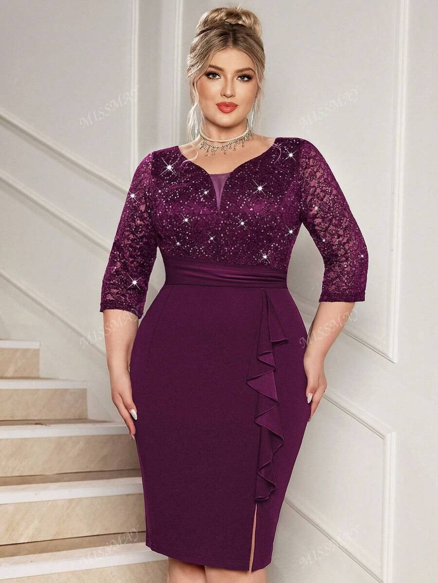 SHEIN فستان سهرة بلون كستنائي بترتر وتطريز