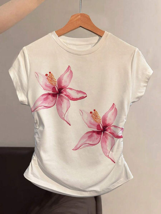 SHEIN تيشيرت نسائي صيفي بزهري ودفع خصر