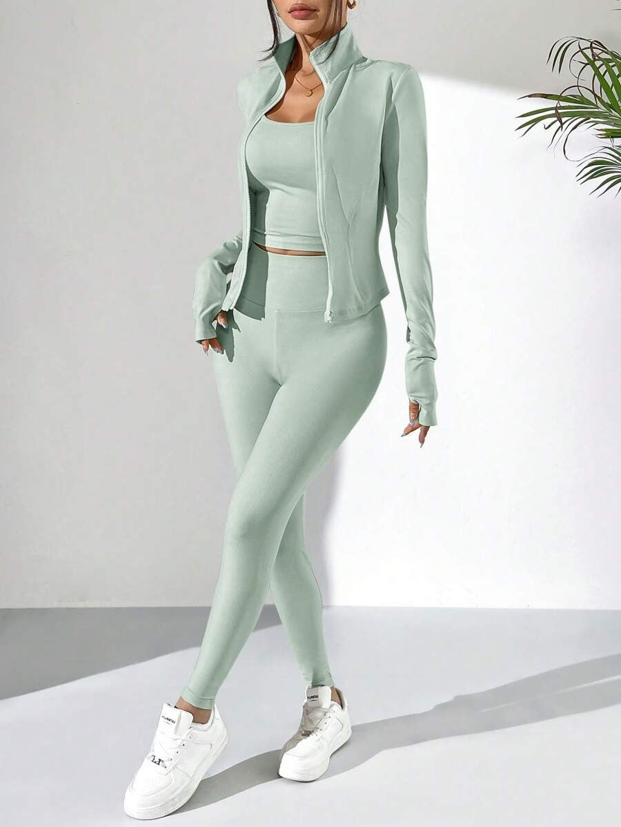 SHEIN EZwear مجموعة رياضية نسائية بلون أخضر نعناع 3 قطع