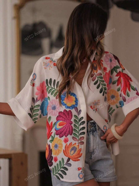SHEIN بلوزة نسائية طويلة بخامة خفيفة وأكمام خفافيش بطبعة زهور