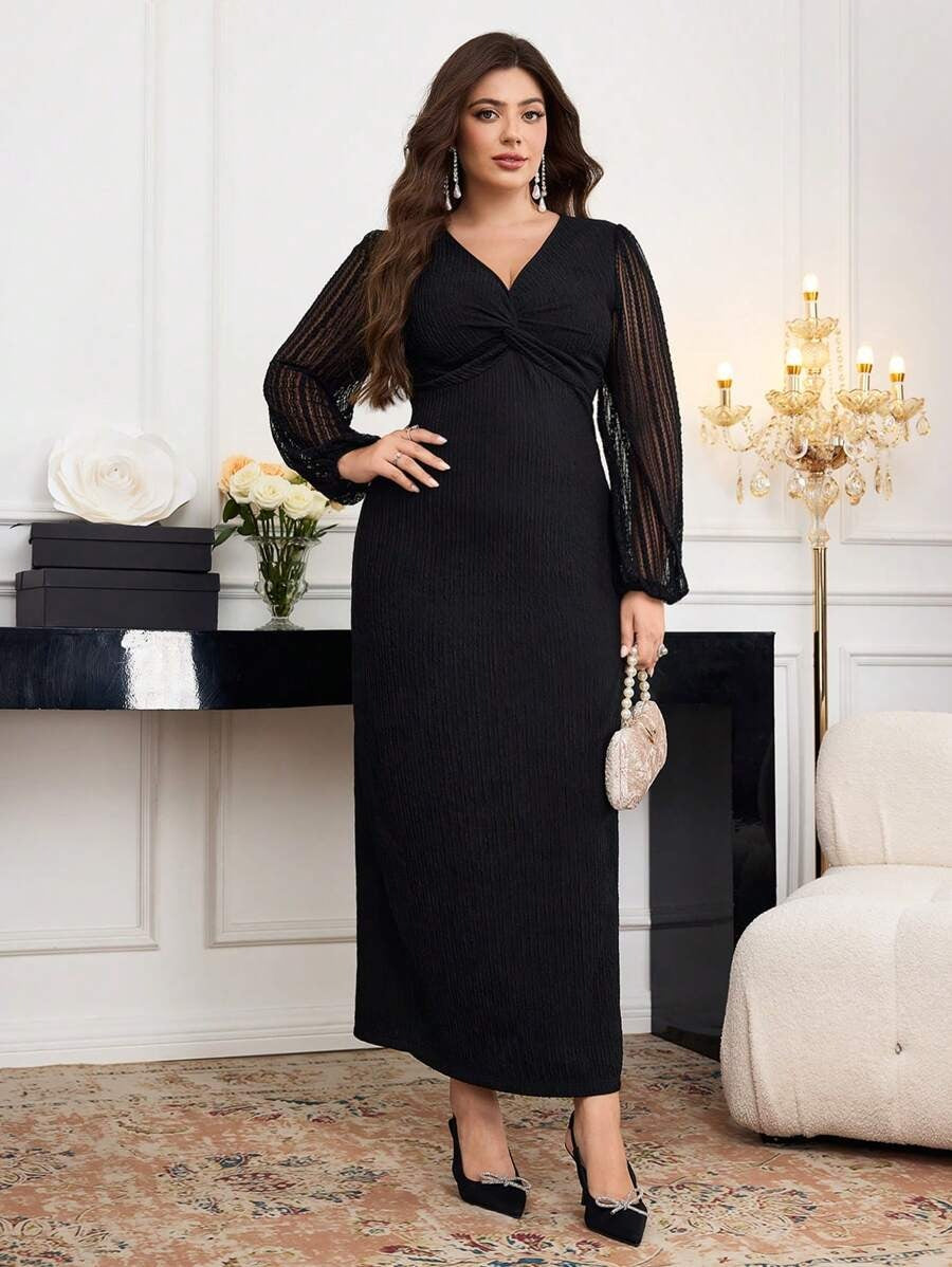 SHEIN Modelyn فستان طويل أسود بدانتيل