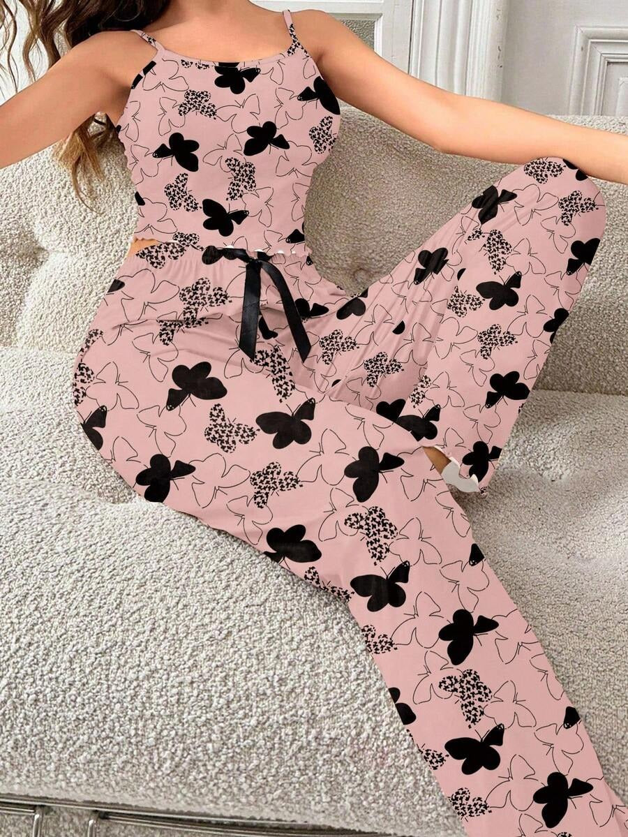 SHEIN طقم بيجامة فراشات نسائي كامي وبنطلون