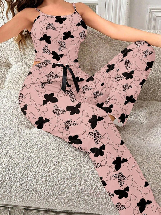 SHEIN طقم بيجامة فراشات نسائي كامي وبنطلون