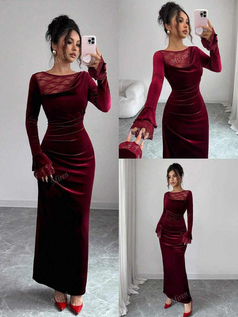 SHEIN Miren فستان مخملي طويل بلون عنابي