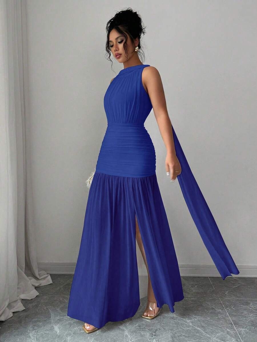 SHEIN Elenzga فستان ازرق بشق جانبي وطيات