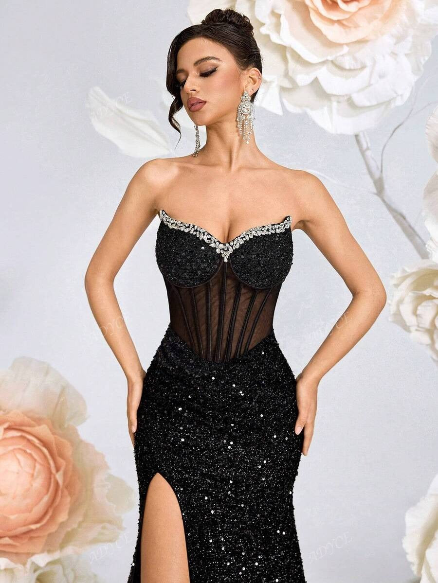 SHEIN ADYCE فستان سهرة أسود لامع أنيق وطويل