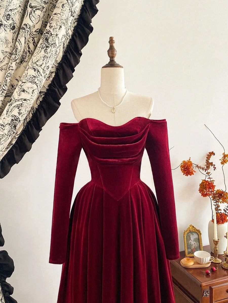 SHEIN فستان مخملي عنابي أنيق بجيوب وأكمام طويلة