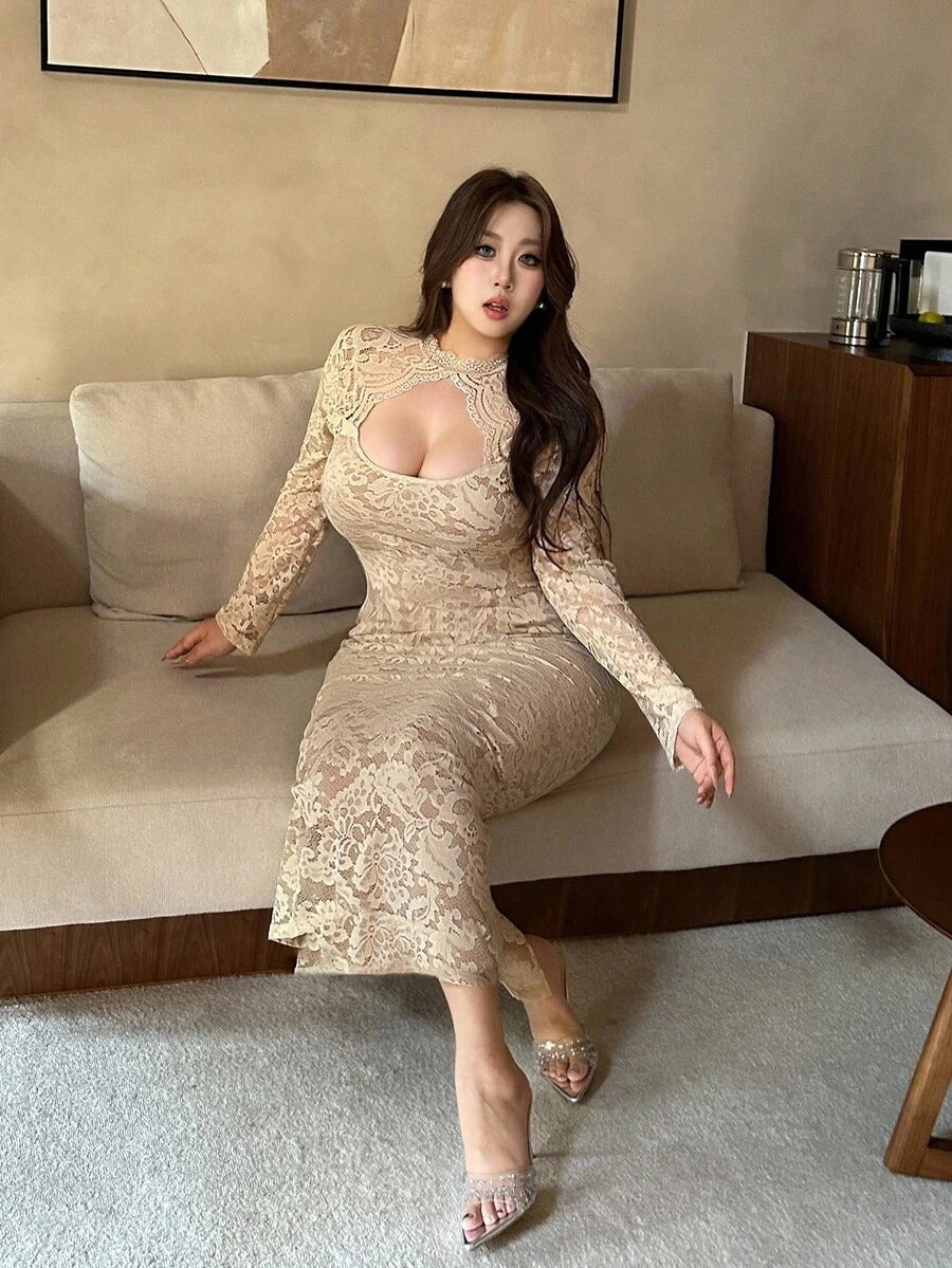 SHEIN Vibekara فستان أنيق مشمشي بحزام ودانتيل