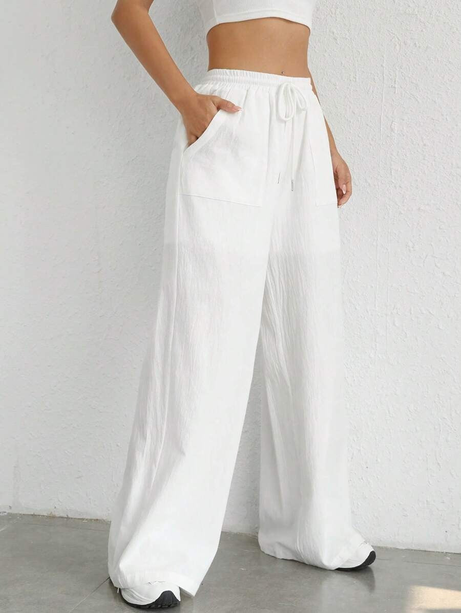 SHEIN SHEIN EZwear بنطال أبيض واسع بخصر رباط