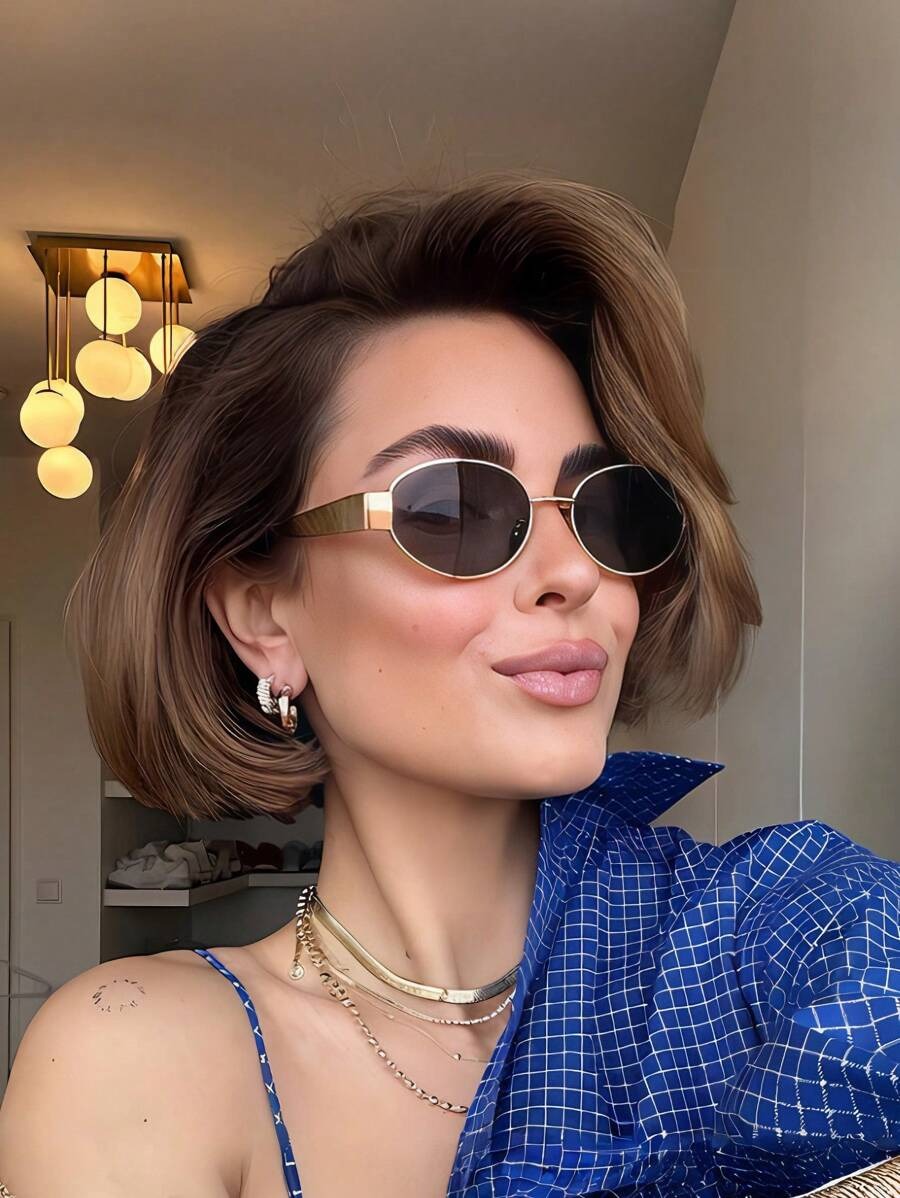 SHEIN نظارات شمس بيضاوية بإطار معدني بلون رمادي أسود