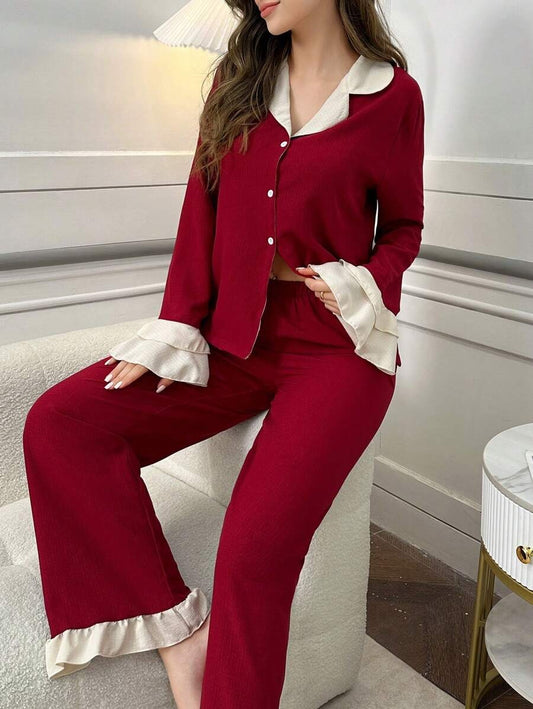 SHEIN طقم بيجامة عنابي بأكمام