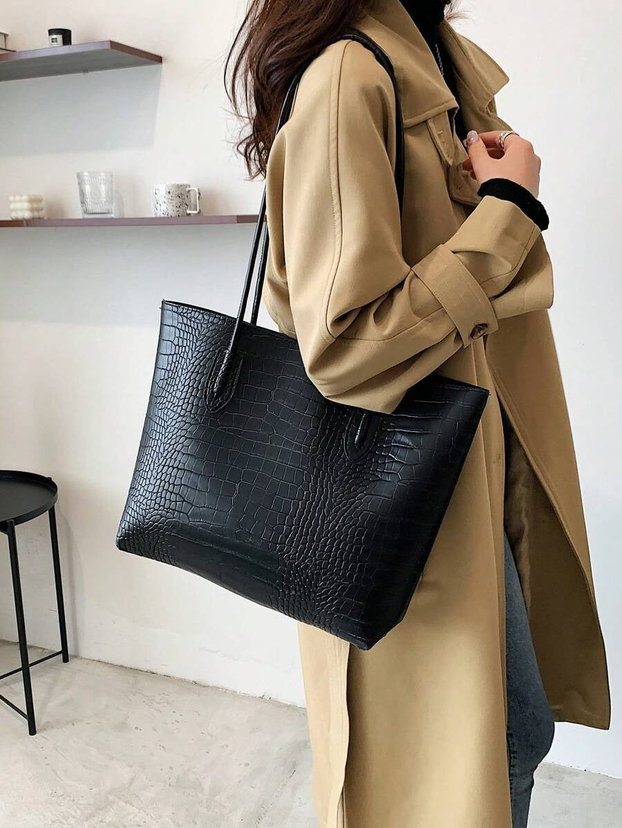 SHEIN حقيبة كتف جلدية سوداء بطبعة التماسيح