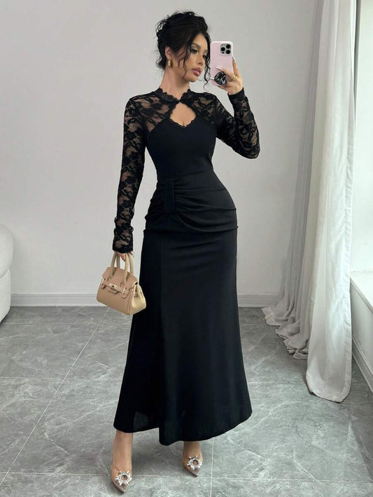 SHEIN Modelyn فستان ماكسي بتطريز دانتيل لون أسود