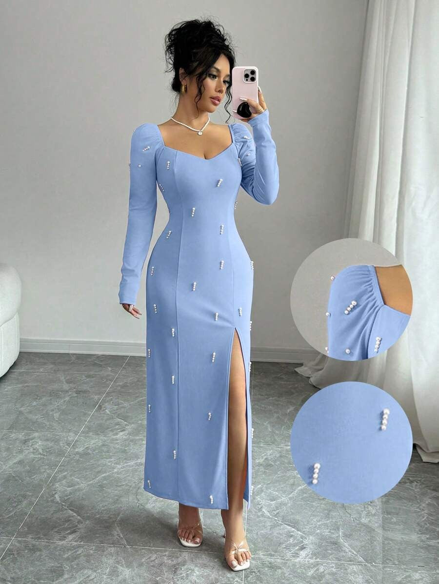 SHEIN فستان أزرق أنيق مزخرف بالخرز وقصة ضيقة