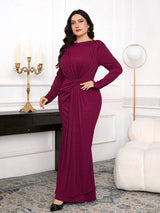 SHEIN Modelyn فستان عنابي طويل الأكمام مجعّد الخصر للمقاسات الكبيرة