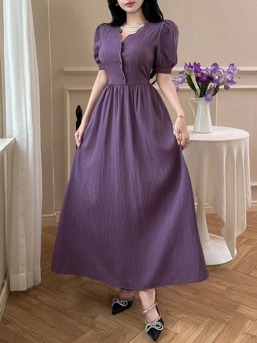 SHEIN Feyla فستان طويل بلون أورجواني وأكمام منتفخة