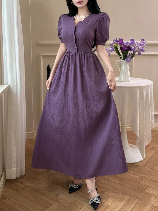 SHEIN Feyla فستان طويل بلون أورجواني وأكمام منتفخة