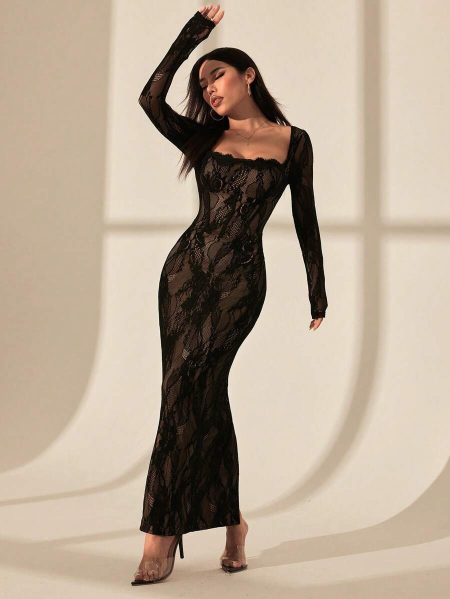 SHEIN PETITE فستان ماكسي أسود ضيق بياقة مربعة وأكمام دانتيل