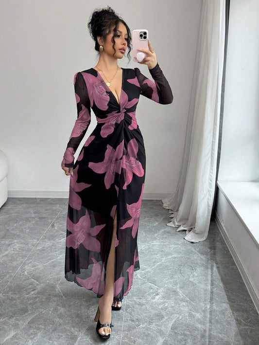 SHEIN Rafferiza   فستان وردي بطبعات زهور وخصر مفتوح
