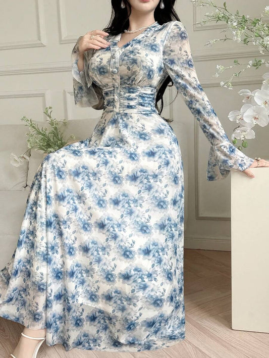 SHEIN qualityFeyla فستان طويل بنقشة زهرية وأكمام بفتحات