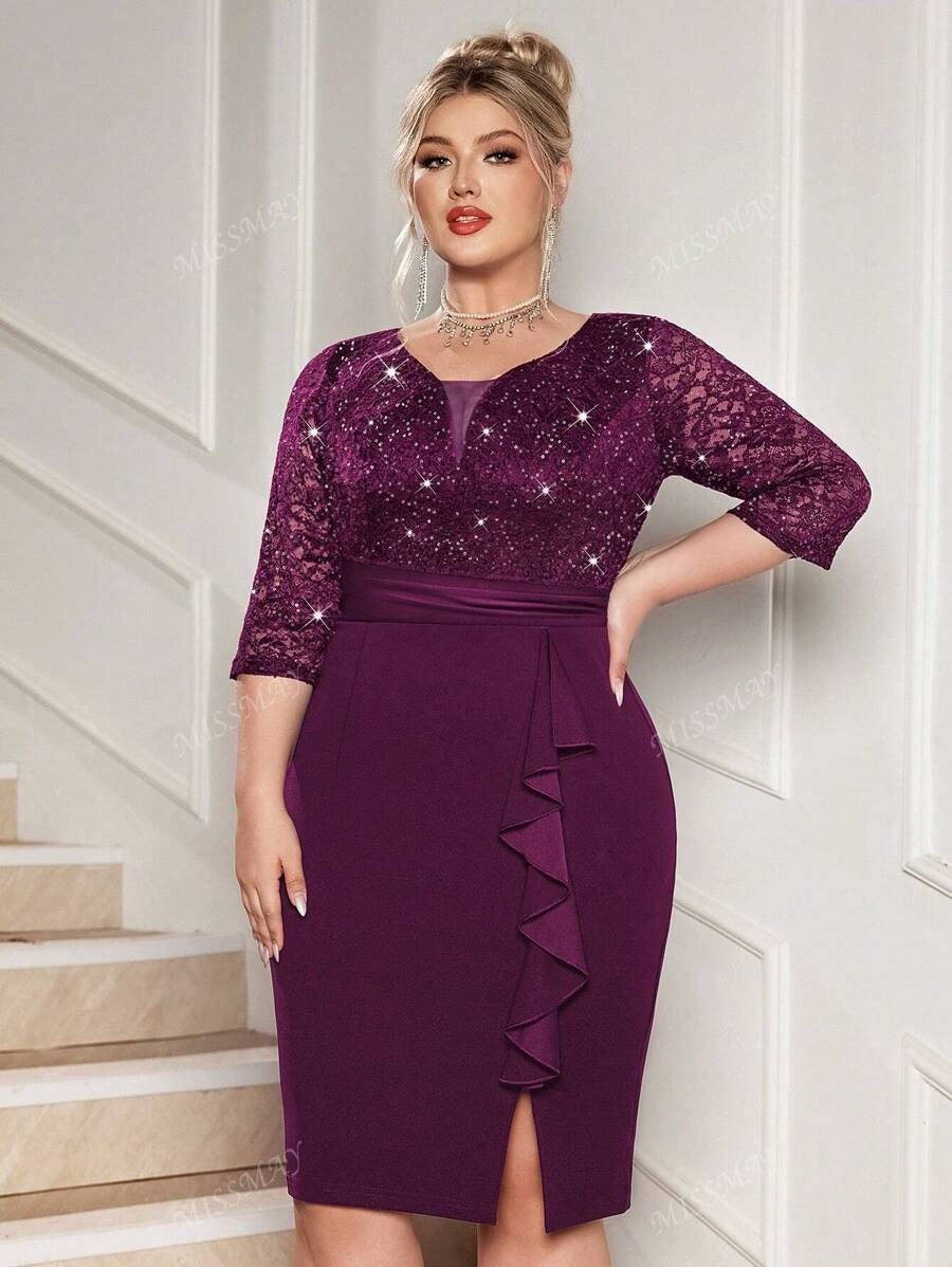 SHEIN فستان سهرة بلون كستنائي بترتر وتطريز