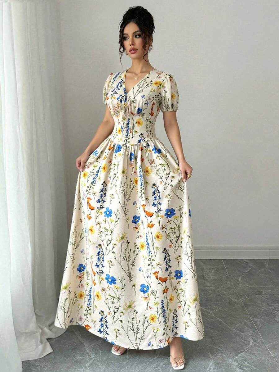 SHEIN Elenzga فستان ماكسي بنقشة زهرية وأكمام منتفخة