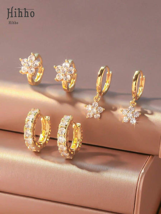 SHEIN Hihho  طقم من 6 أقراط ذهبية منفصلة مرصعة بزركون لامع