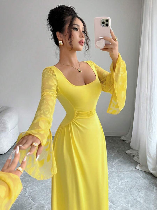 SHEIN Elenzga فستان أصفر بياقة مربعة وأكمام طويلة