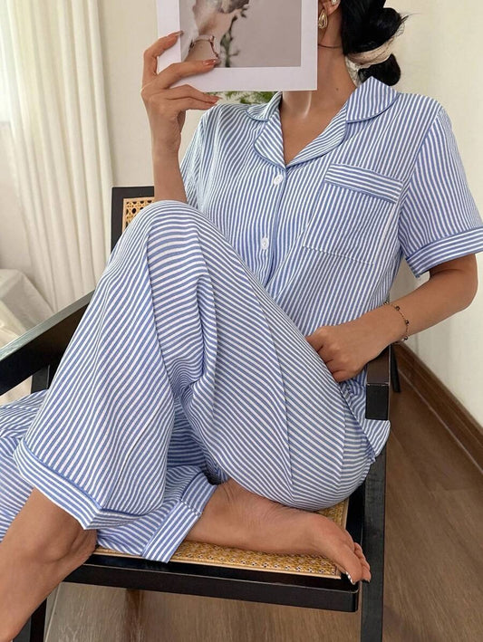 SHEIN Dream Adore طقم بيجامة قطعتين بلون أزرق