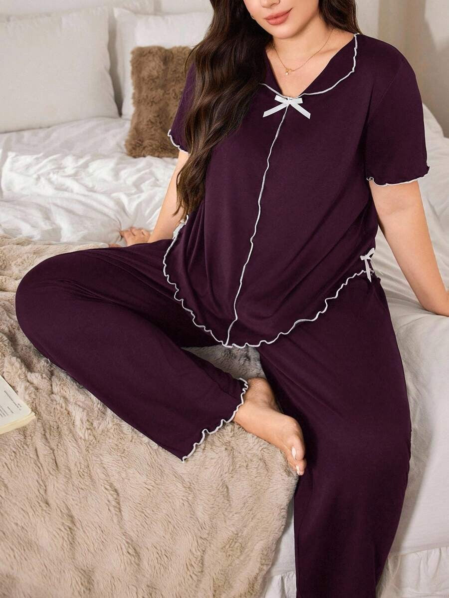 SHEIN Doze Lane طقم بيجامة ارجواني بياقة وفيونكة