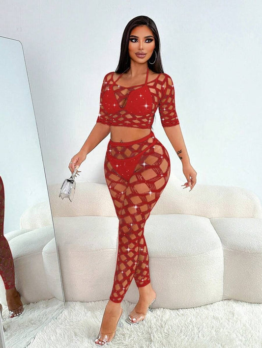 SHEIN طقم داخلي قطعتين بلوزة مفتوحة على الصدر وبنطال طويل شفاف بلون عنابي