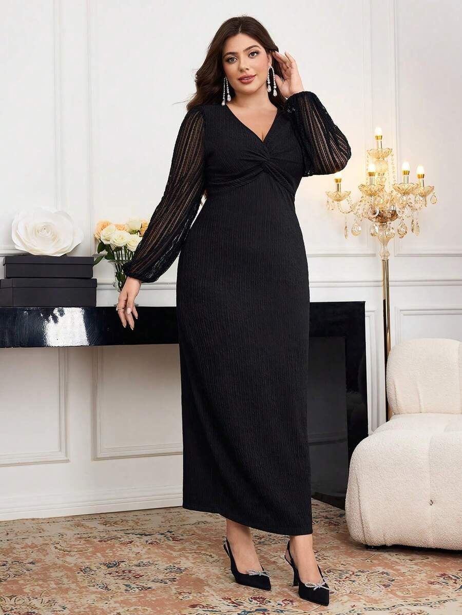 SHEIN Modelyn فستان طويل أسود بدانتيل