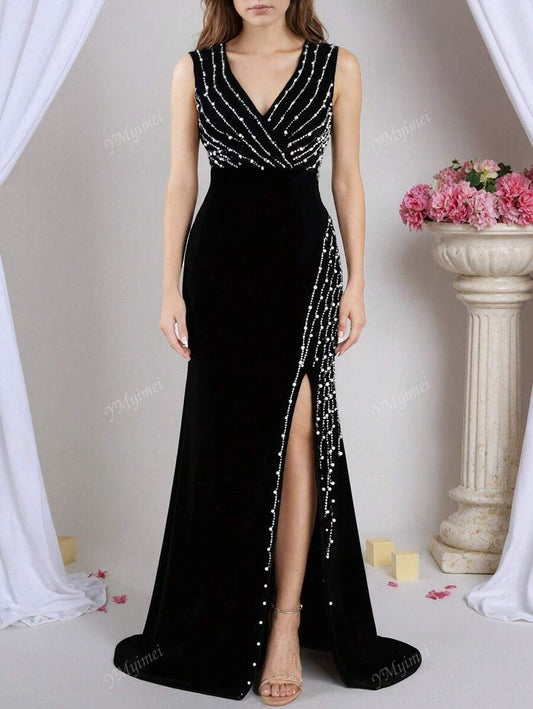 SHEIN YMyimei فستان أسود طويل خرز لامع بدون أكمام