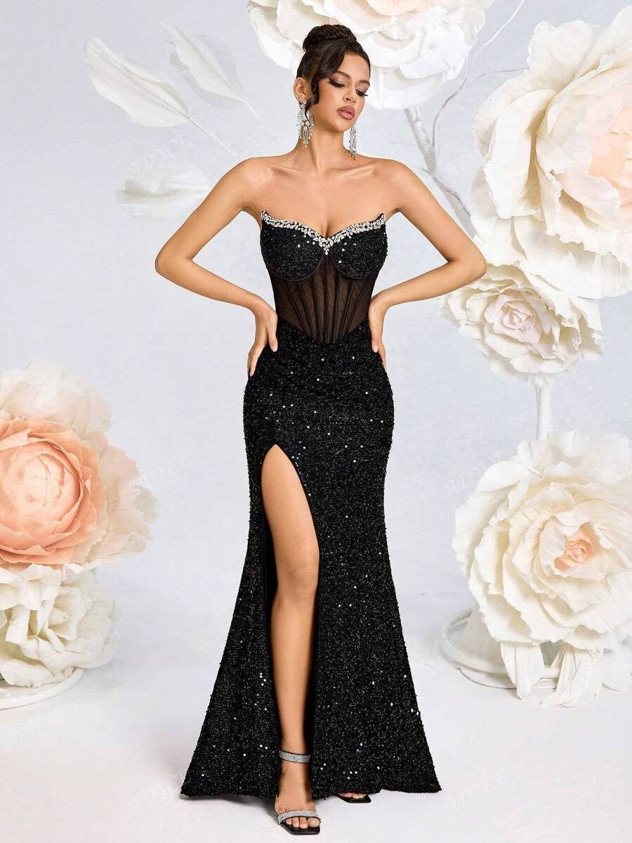 SHEIN ADYCE فستان سهرة أسود لامع أنيق وطويل