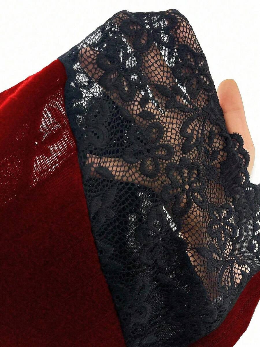 SHEIN رومبير دانتيل نسائي بلون عنابي مع ربطة أنيقة