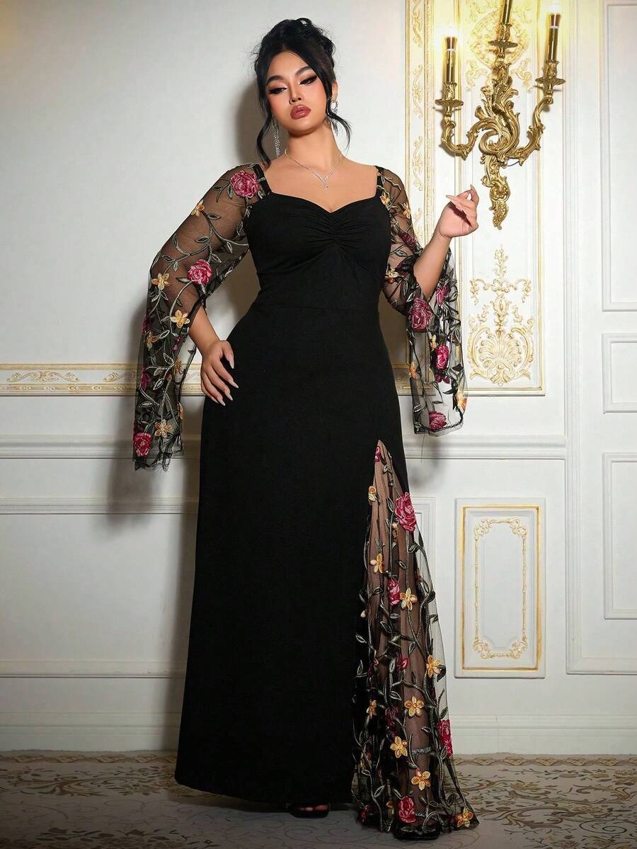 SHEIN Roveilla فستان طويل أسود مطرز بالزهور