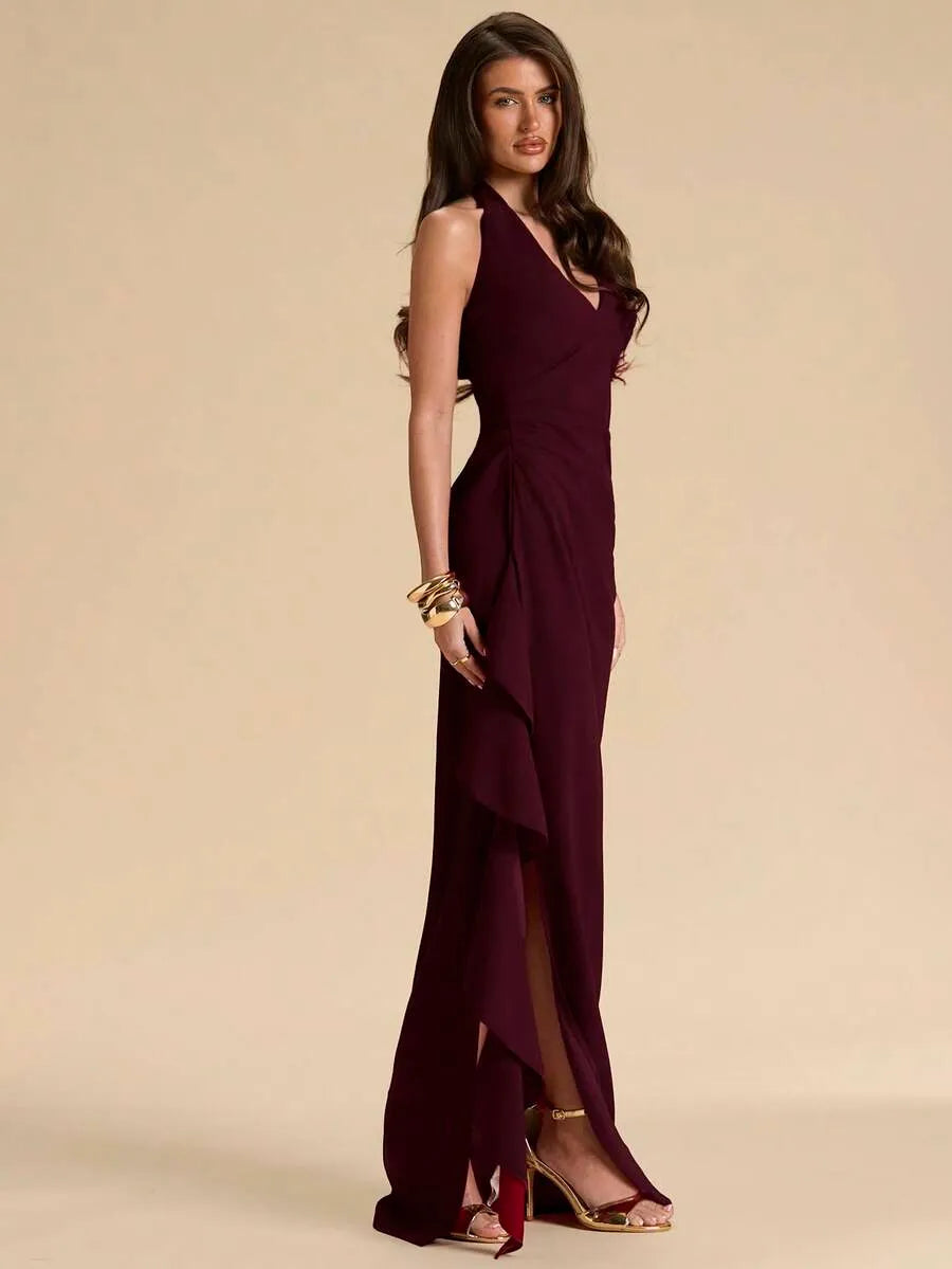 SHEIN BAE فستان نسائي أحمر طويل مكشكش بياقة هالتر عميقة وشق عالي