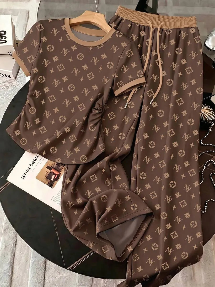 SHEIN Resyla طقم نسائي كاجوال من قطعتين بتيشيرت مطبوع وبنطال واسع بخصر برباط
