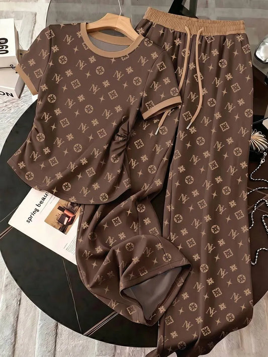 SHEIN Resyla طقم نسائي كاجوال من قطعتين بتيشيرت مطبوع وبنطال واسع بخصر برباط