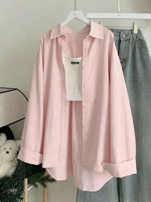 SHEIN  قميص نسائي كاجوال سادة باللون الوردي