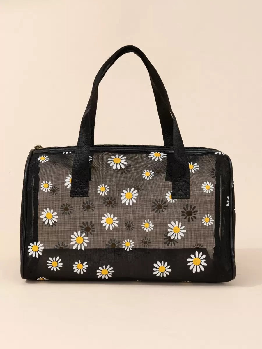 SHEIN حقيبة مكياج سوداء كبيرة شبكية بنقشة زهور