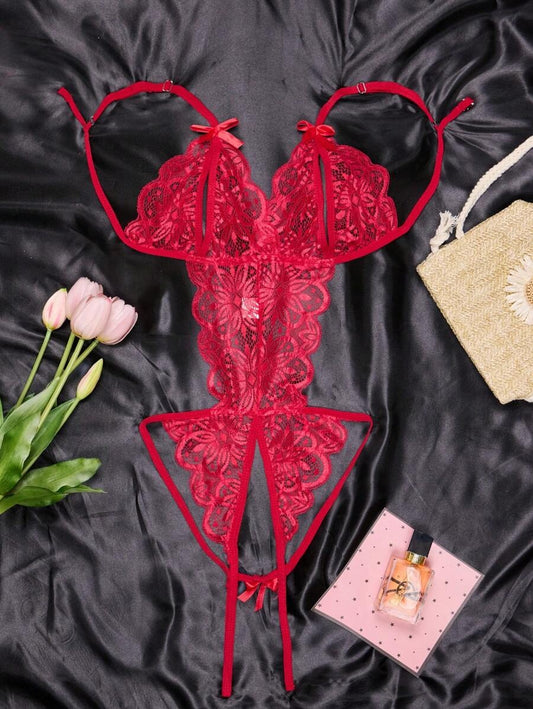 SHEIN بوديسوت دانتيل شفاف بربطة فراشة لون عنابي