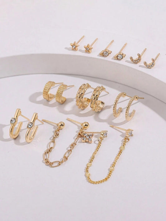 SHEIN طقم 9 أزواج أقراط مرصعة بالكريستال لون ذهبي