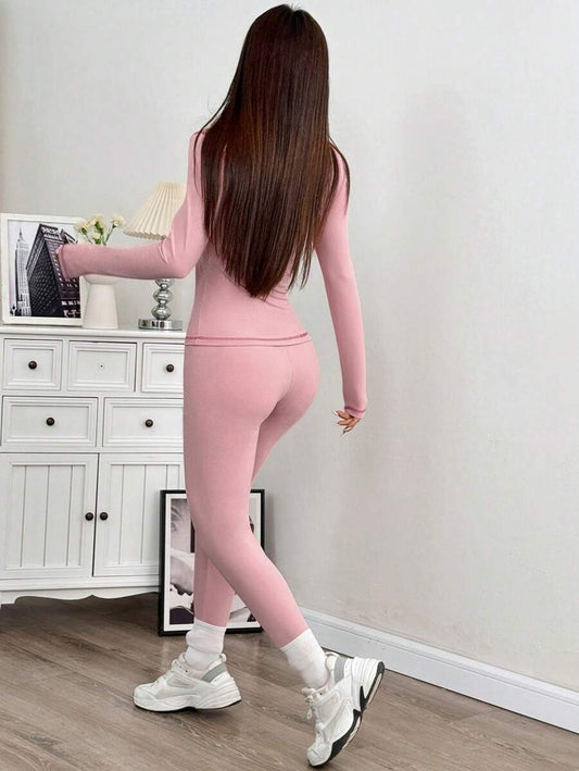 SHEIN EZwear طقم رياضي وردي جاكيت مع سروال ضيق